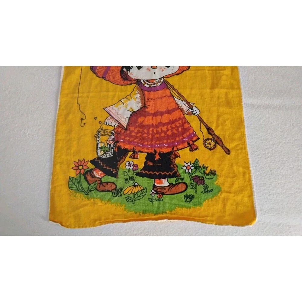 Vtg 70s Linen Tea Towel Boho Big Eyed Girl Going Fishing Yellow Orange Green